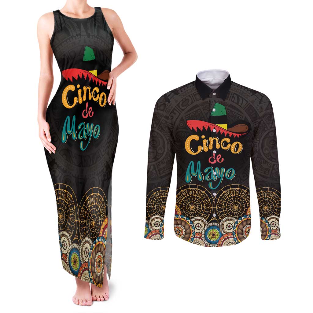 Personalized Mexico Cinco de Mayo Fiesta Couples Matching Tank Maxi Dress and Long Sleeve Button Shirt Traditional Sombrero Hat