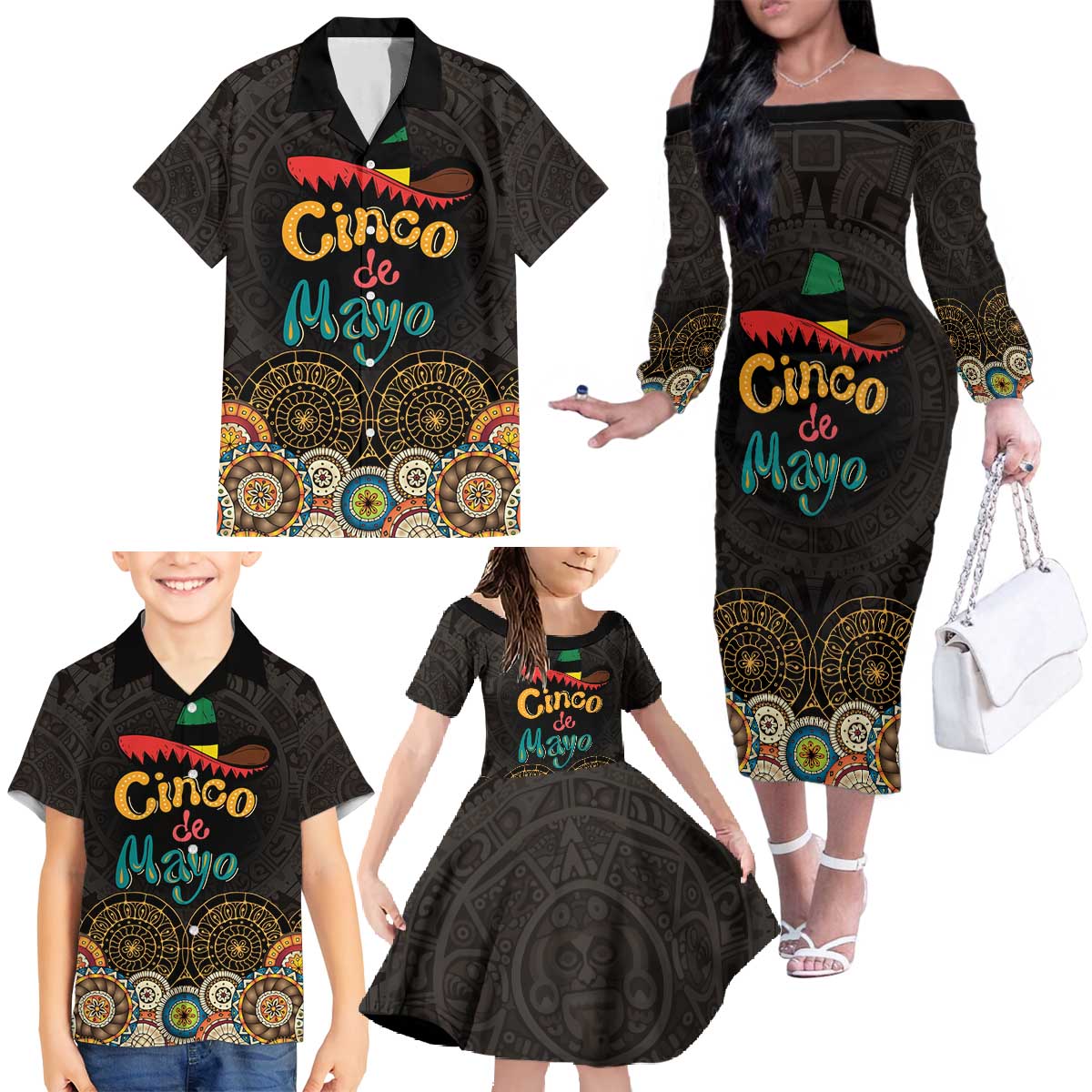 Personalized Mexico Cinco de Mayo Fiesta Family Matching Off The Shoulder Long Sleeve Dress and Hawaiian Shirt Traditional Sombrero Hat