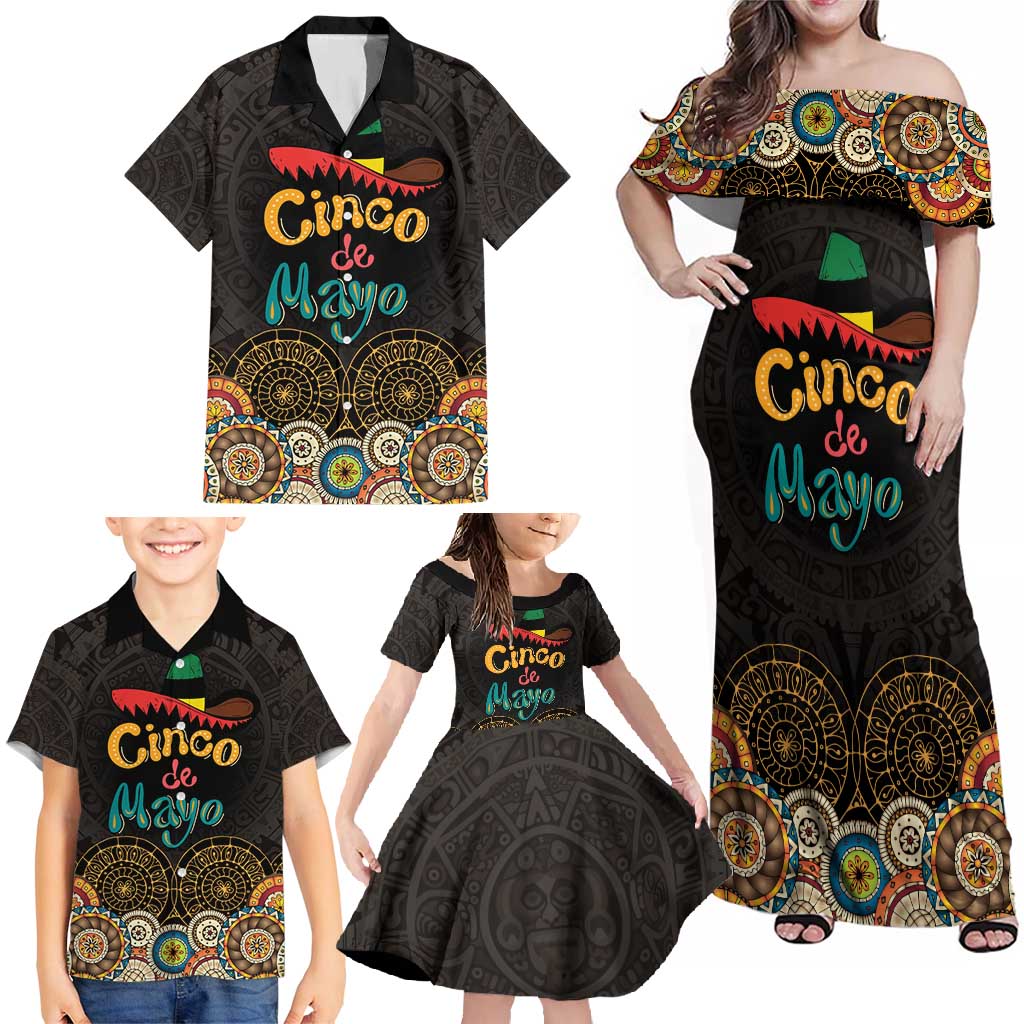 Personalized Mexico Cinco de Mayo Fiesta Family Matching Off Shoulder Maxi Dress and Hawaiian Shirt Traditional Sombrero Hat