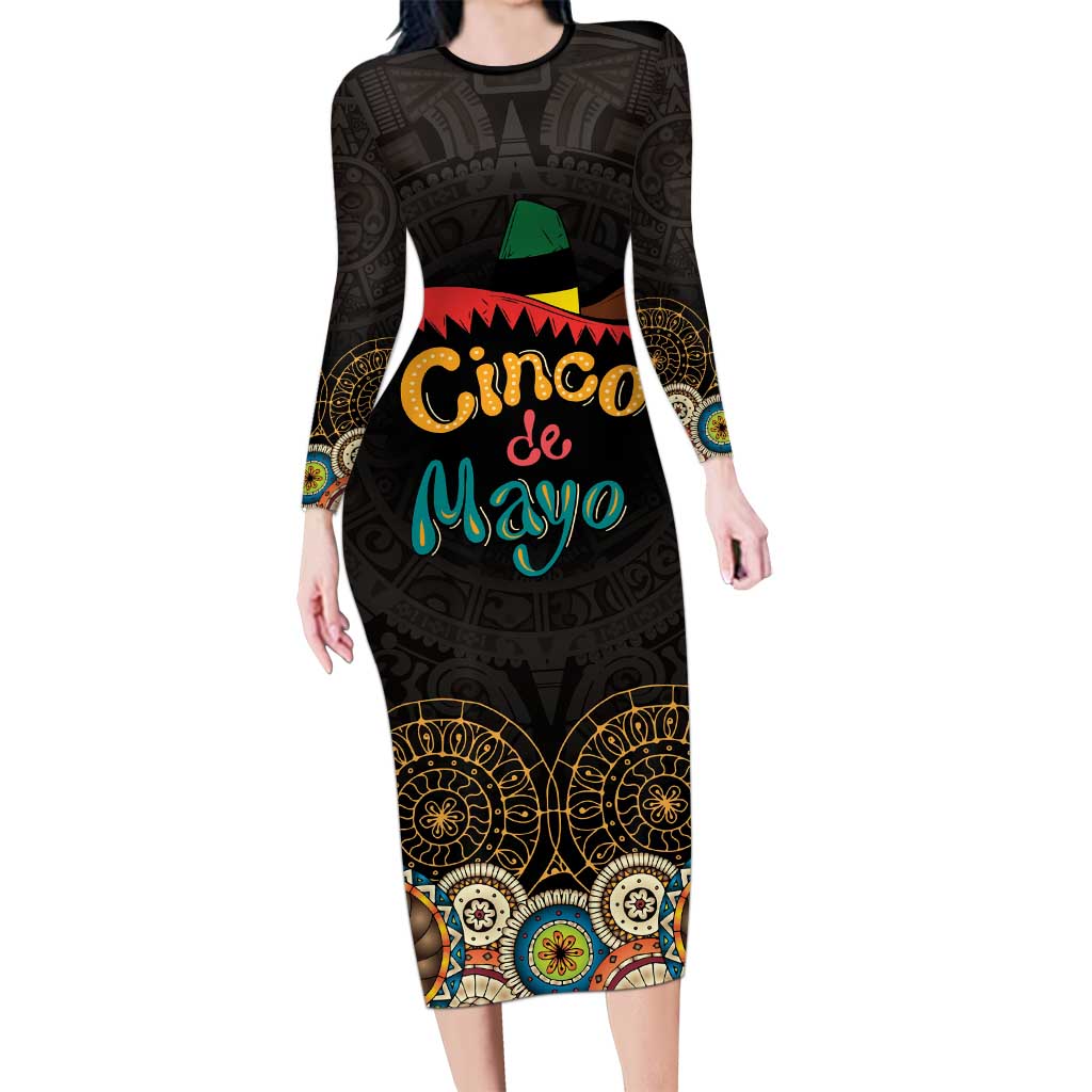 Personalized Mexico Cinco de Mayo Fiesta Long Sleeve Bodycon Dress Traditional Sombrero Hat