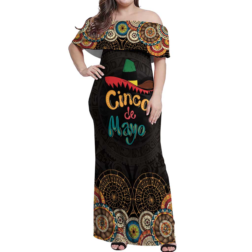 Personalized Mexico Cinco de Mayo Fiesta Off Shoulder Maxi Dress Traditional Sombrero Hat