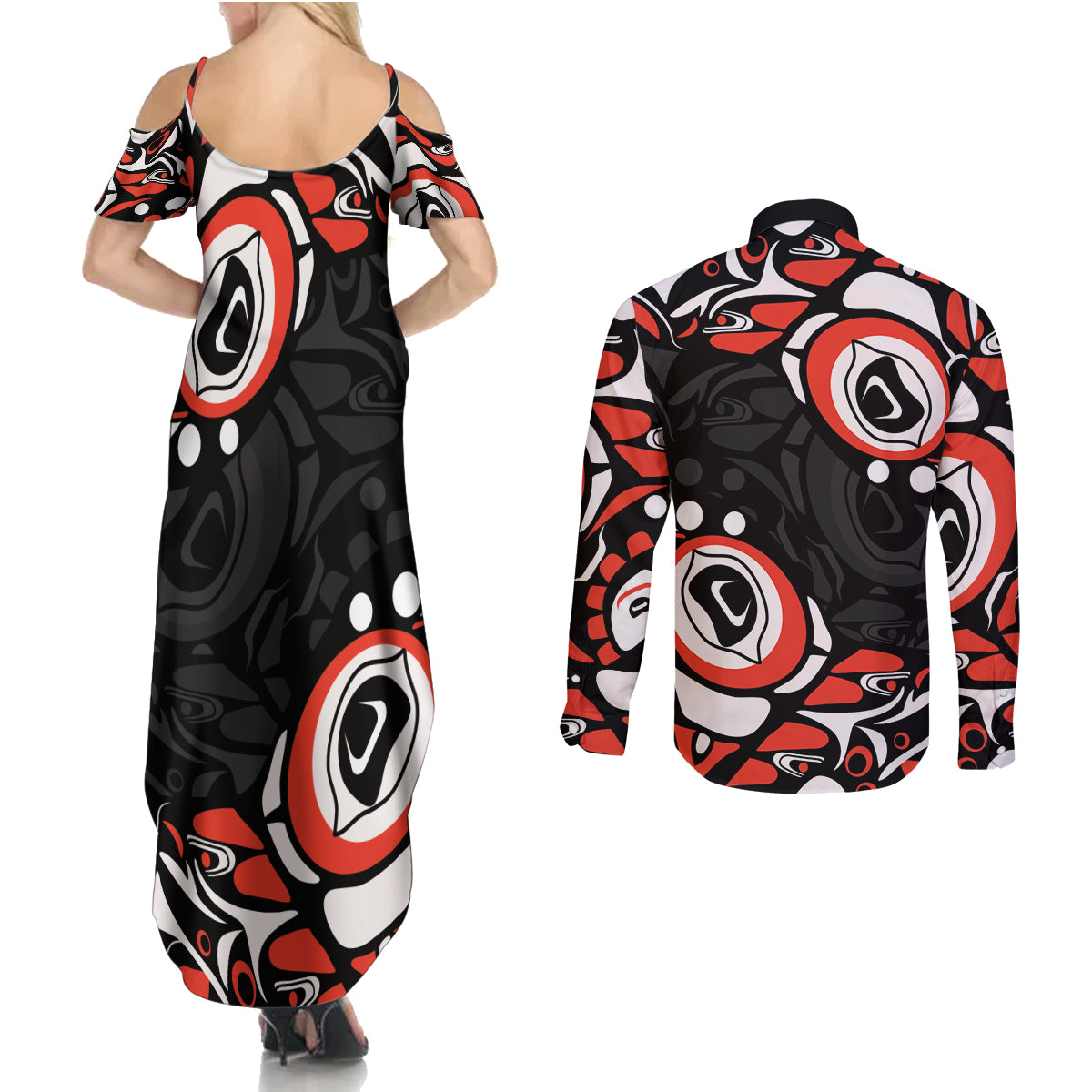 Canada National Indigenous Peoples Day 2024 Couples Matching Summer Maxi Dress and Long Sleeve Button Shirt Haida Pattern - Wonder Print Shop