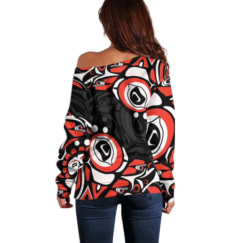Canada National Indigenous Peoples Day 2024 Off Shoulder Sweater Haida Pattern - Wonder Print Shop