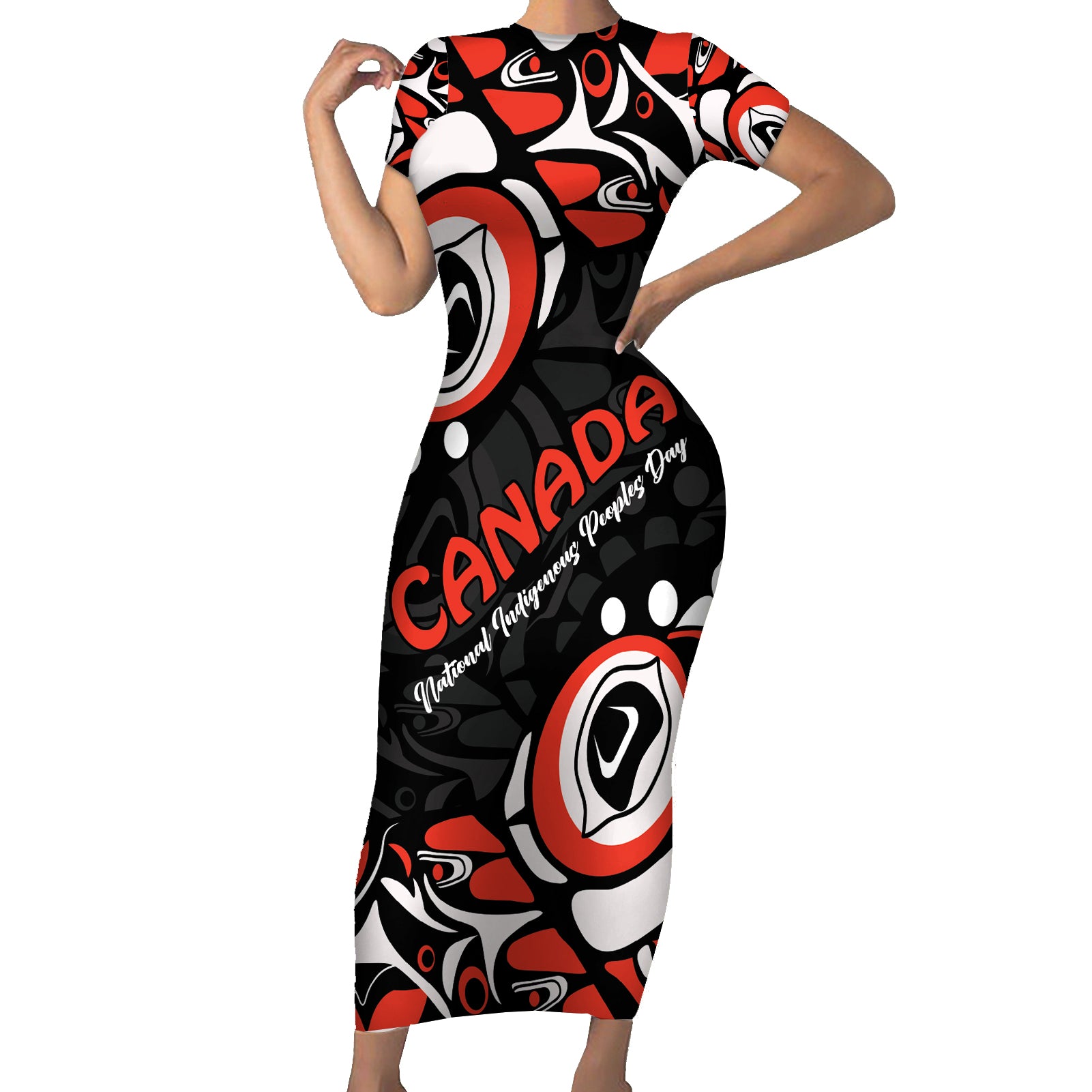 Canada National Indigenous Peoples Day 2024 Short Sleeve Bodycon Dress Haida Pattern - Wonder Print Shop