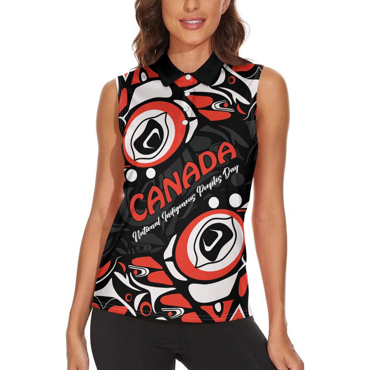 Canada National Indigenous Peoples Day 2024 Women Sleeveless Polo Shirt Haida Pattern - Wonder Print Shop