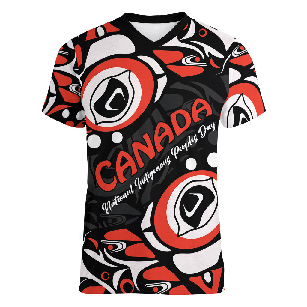 Canada National Indigenous Peoples Day 2024 Women V-Neck T-Shirt Haida Pattern - Wonder Print Shop