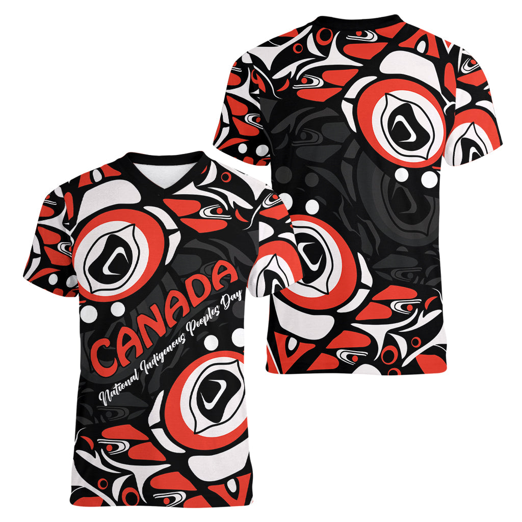 Canada National Indigenous Peoples Day 2024 Women V-Neck T-Shirt Haida Pattern - Wonder Print Shop