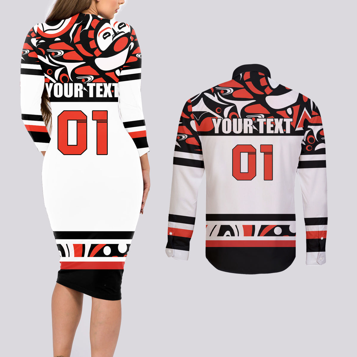 Canada Hockey 2024 Couples Matching Long Sleeve Bodycon Dress and Long Sleeve Button Shirt Haida Maple Leaf - Wonder Print Shop