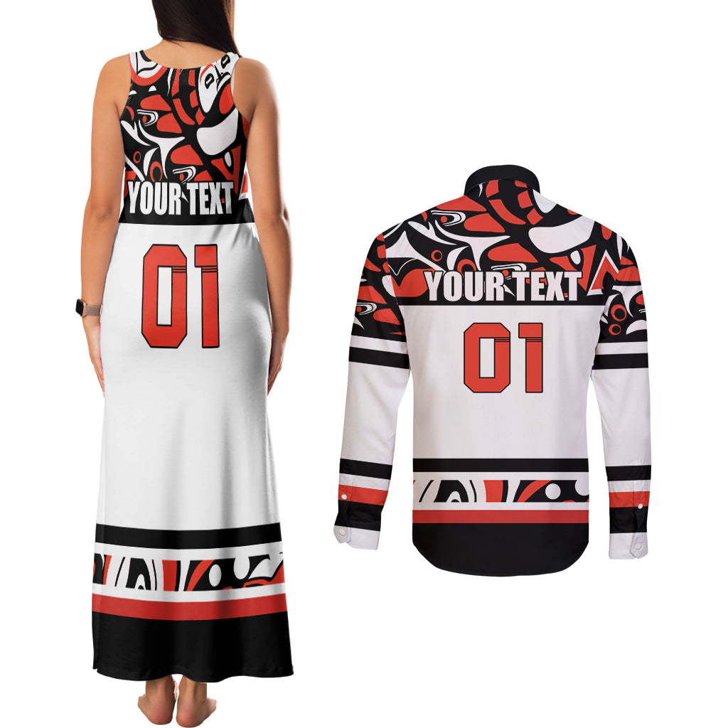 Canada Hockey 2024 Couples Matching Tank Maxi Dress and Long Sleeve Button Shirt Haida Maple Leaf - Wonder Print Shop
