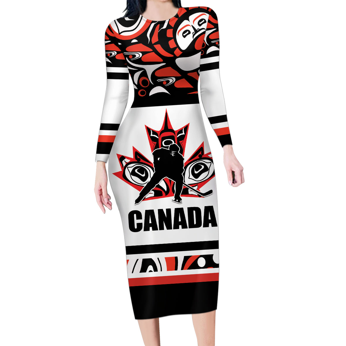 Canada Hockey 2024 Family Matching Long Sleeve Bodycon Dress and Hawaiian Shirt Haida Maple Leaf - Wonder Print Shop