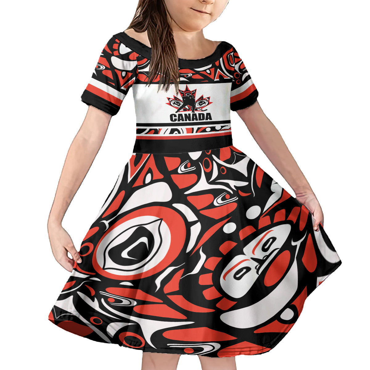 Canada Hockey 2024 Family Matching Off The Shoulder Long Sleeve Dress and Hawaiian Shirt Haida Maple Leaf - Wonder Print Shop
