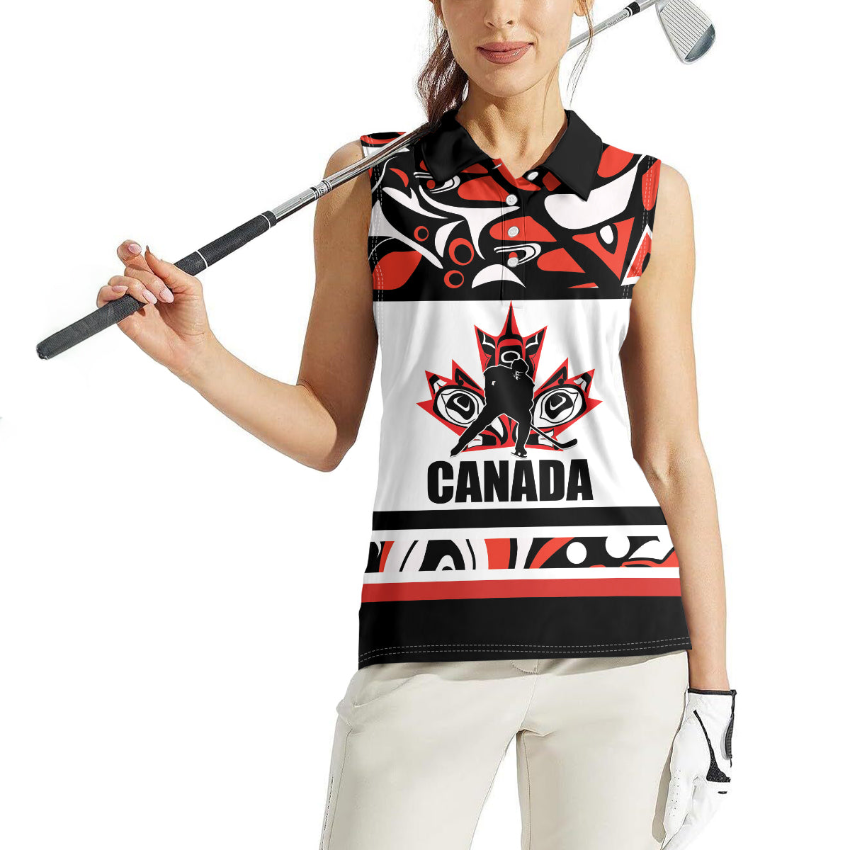 Canada Hockey 2024 Women Sleeveless Polo Shirt Haida Maple Leaf - Wonder Print Shop