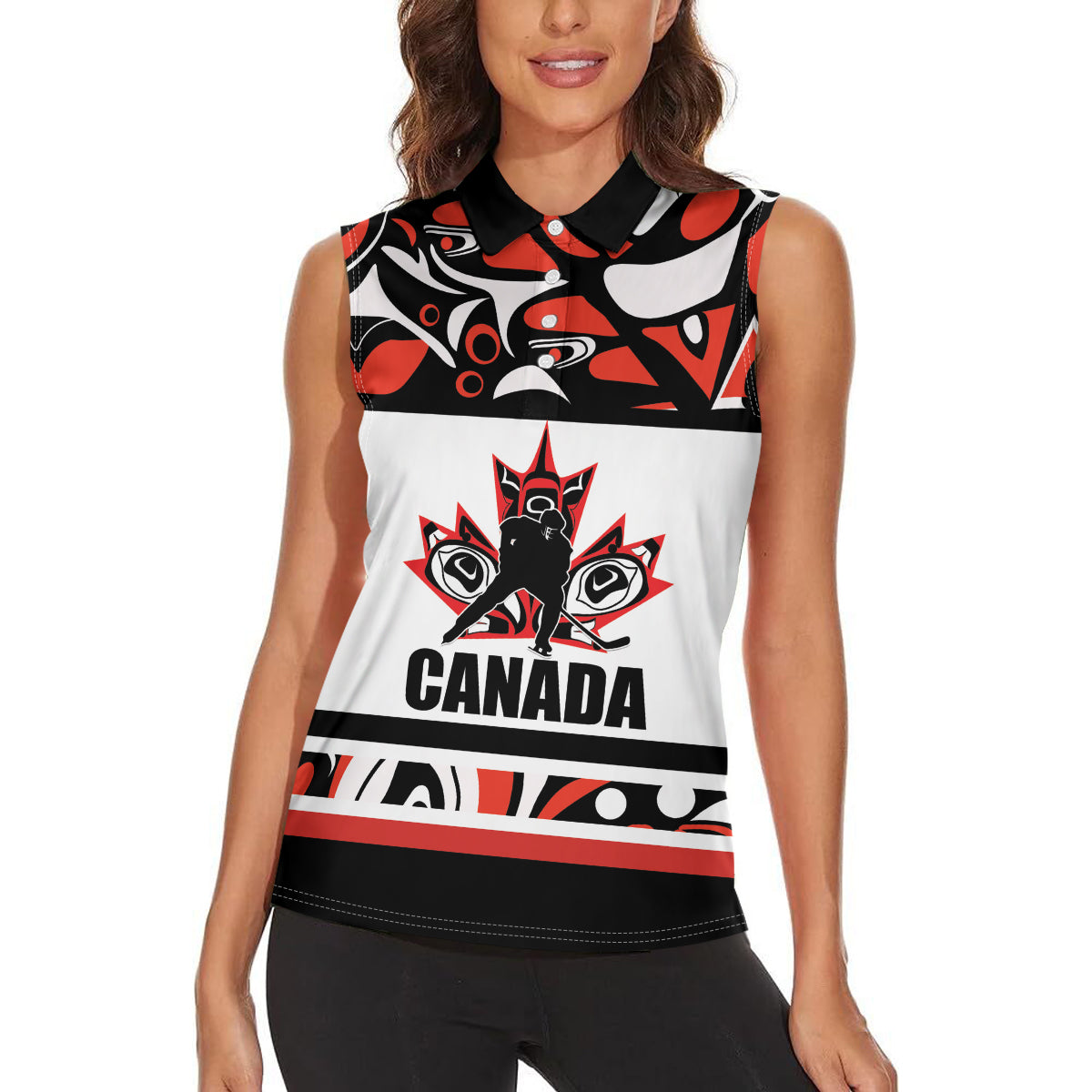 Canada Hockey 2024 Women Sleeveless Polo Shirt Haida Maple Leaf - Wonder Print Shop