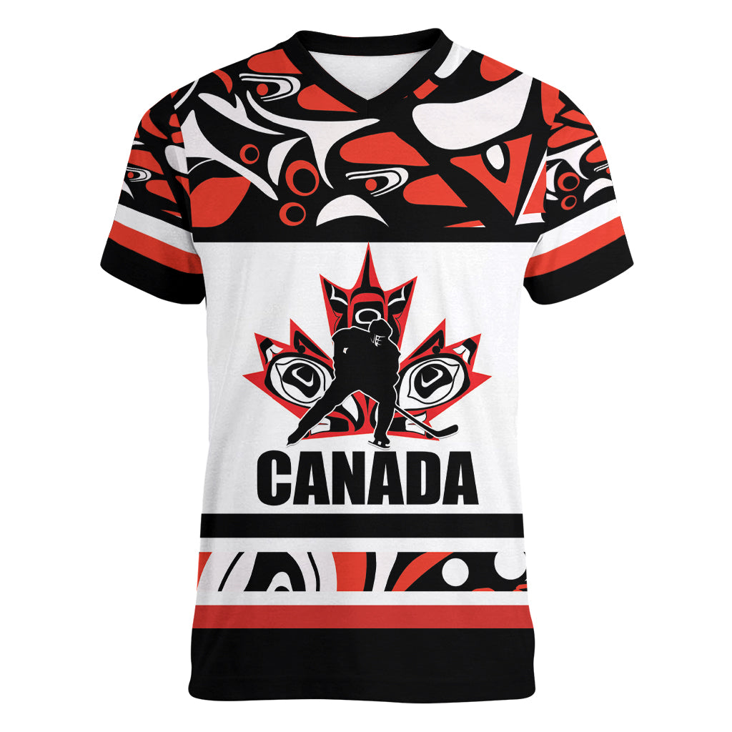 Canada Hockey 2024 Women V-Neck T-Shirt Haida Maple Leaf - Wonder Print Shop