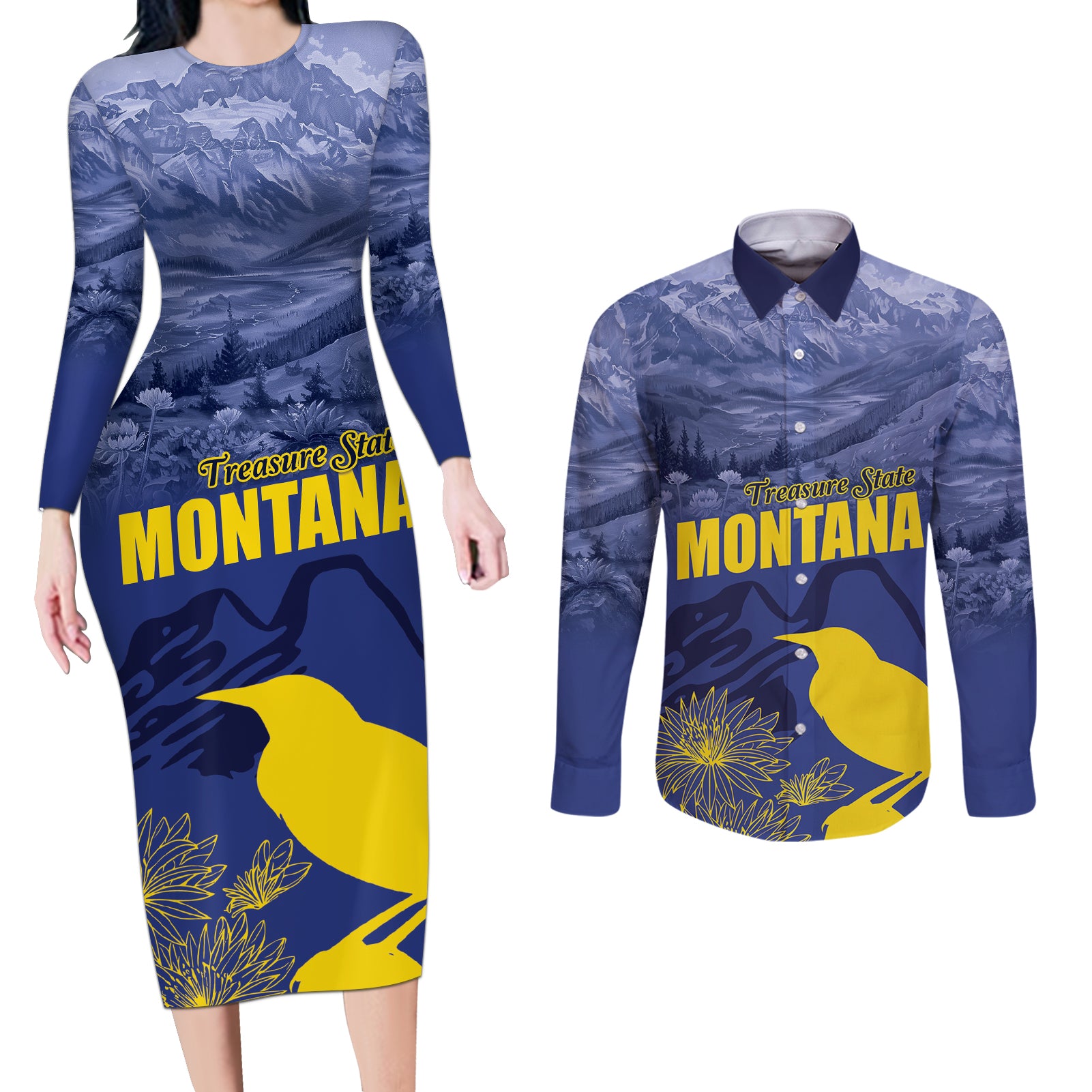 National Montana Day 2024 Couples Matching Long Sleeve Bodycon Dress and Long Sleeve Button Shirt The Treasure State - Wonder Print Shop