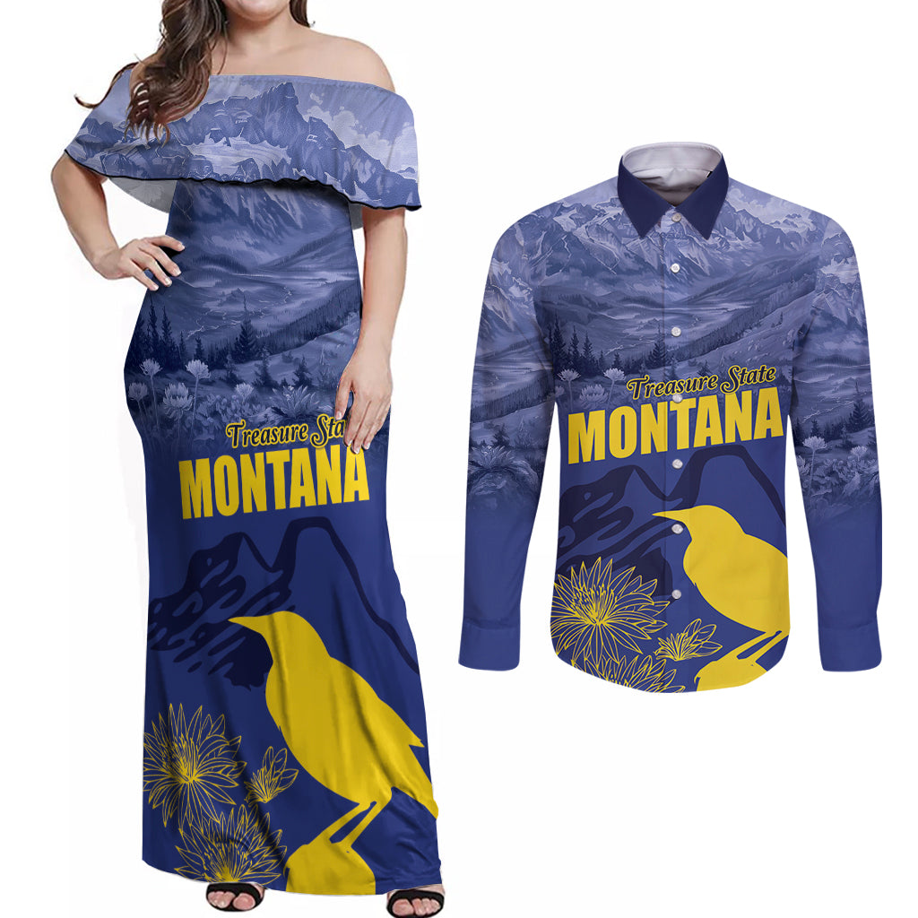 National Montana Day 2024 Couples Matching Off Shoulder Maxi Dress and Long Sleeve Button Shirt The Treasure State - Wonder Print Shop
