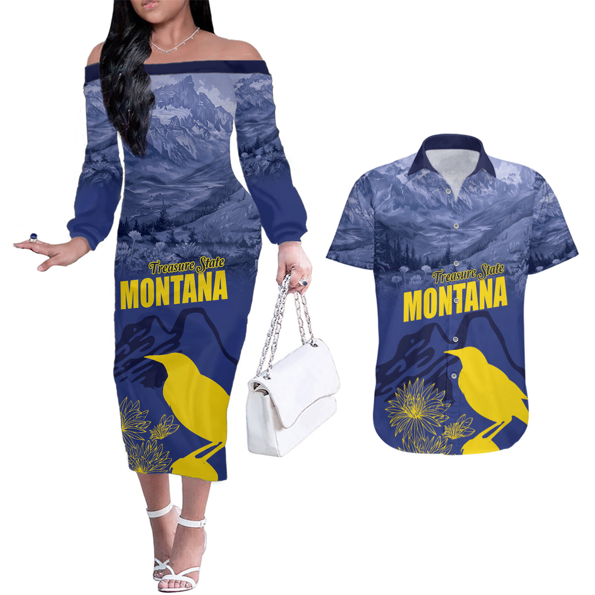 National Montana Day 2024 Couples Matching Off The Shoulder Long Sleeve Dress and Hawaiian Shirt The Treasure State - Wonder Print Shop