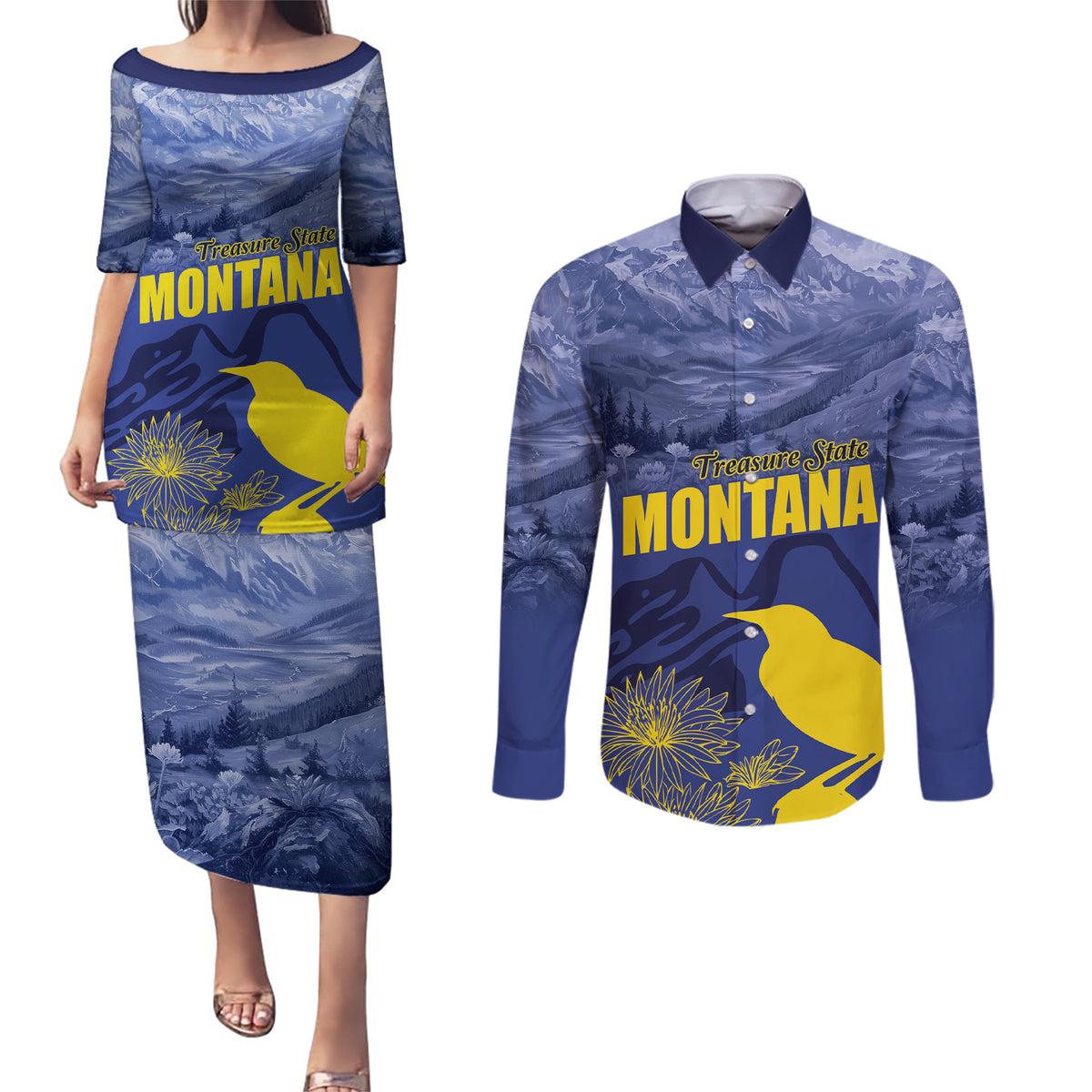 National Montana Day 2024 Couples Matching Puletasi and Long Sleeve Button Shirt The Treasure State - Wonder Print Shop