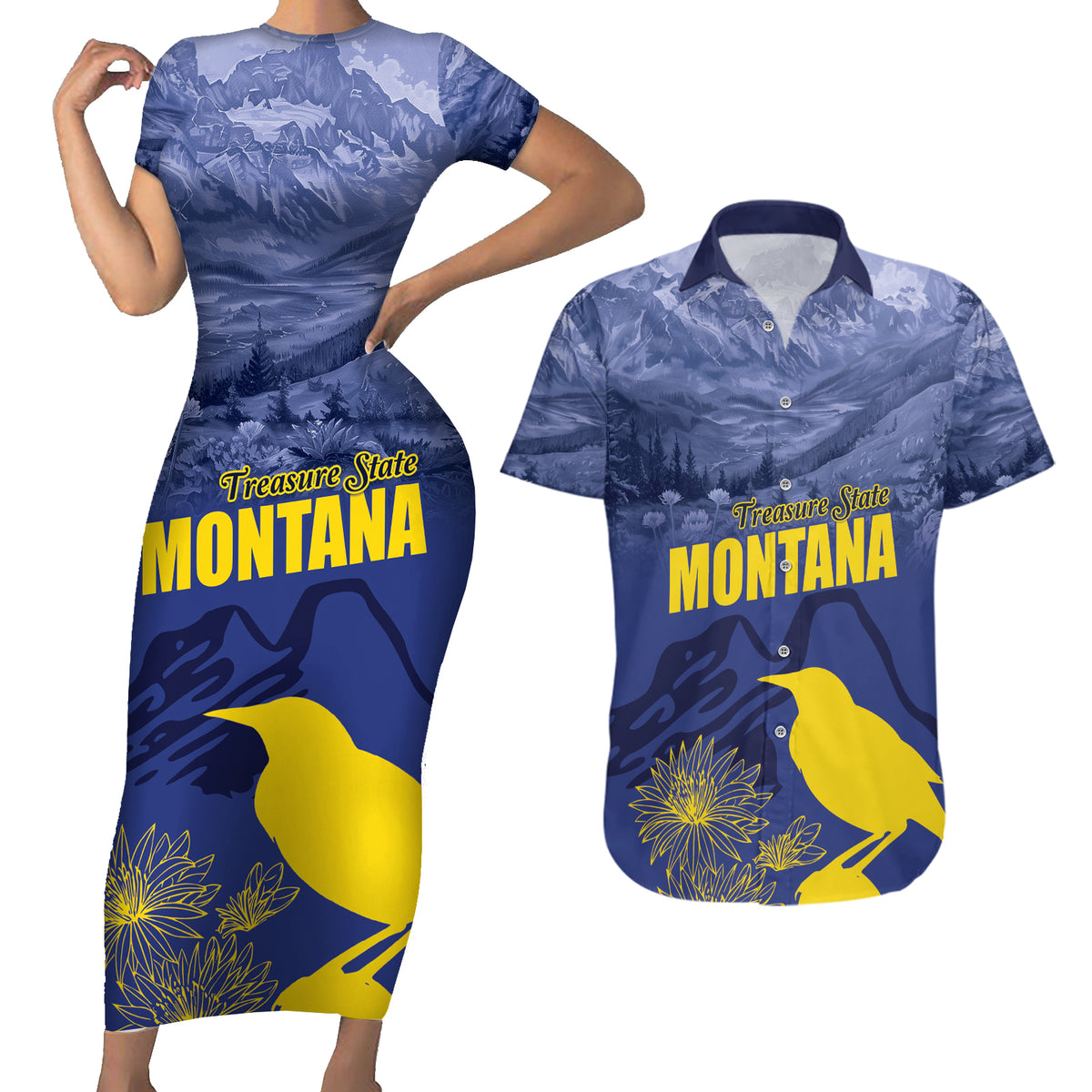 National Montana Day 2024 Couples Matching Short Sleeve Bodycon Dress and Hawaiian Shirt The Treasure State - Wonder Print Shop