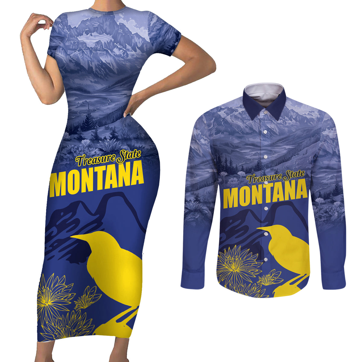 National Montana Day 2024 Couples Matching Short Sleeve Bodycon Dress and Long Sleeve Button Shirt The Treasure State - Wonder Print Shop