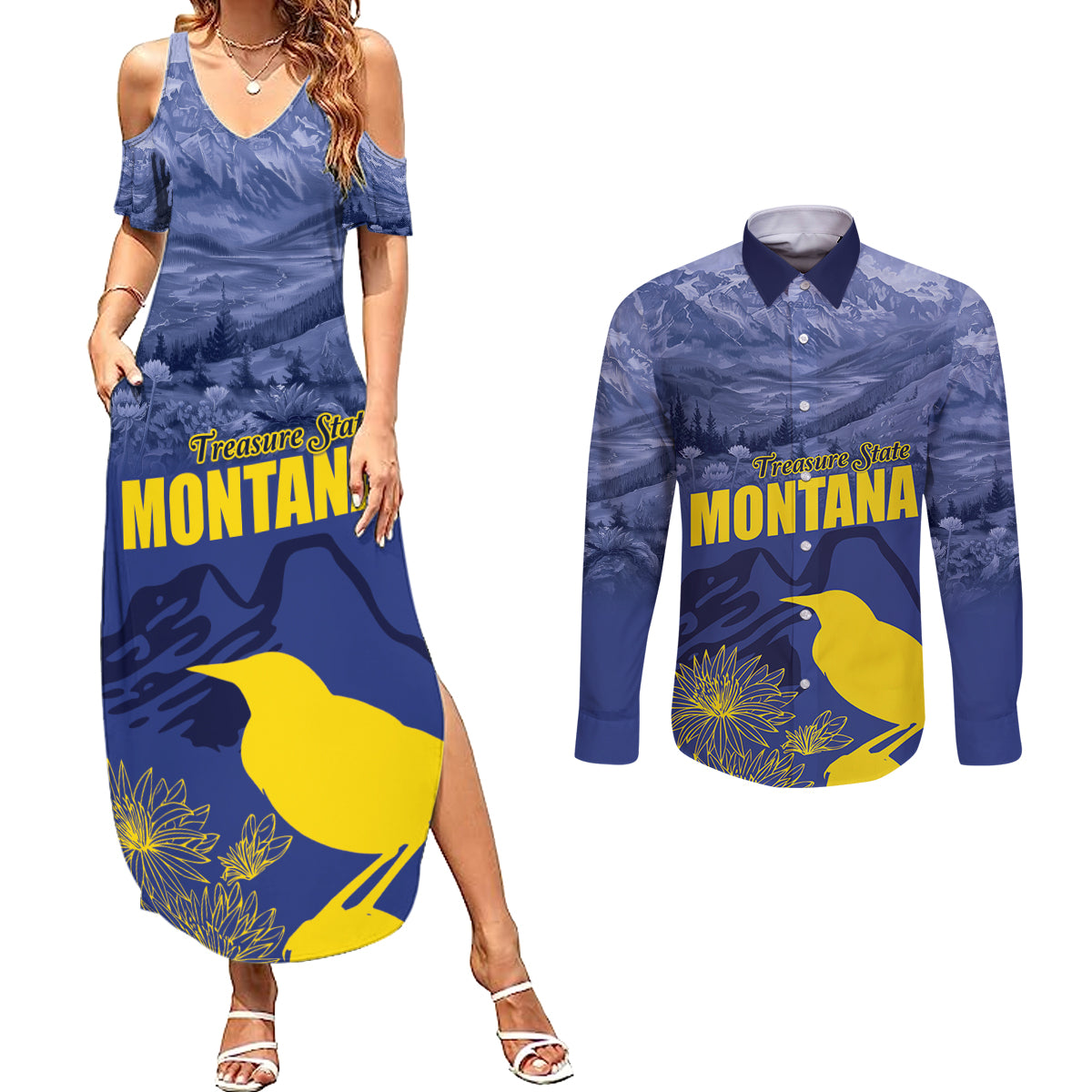 National Montana Day 2024 Couples Matching Summer Maxi Dress and Long Sleeve Button Shirt The Treasure State - Wonder Print Shop