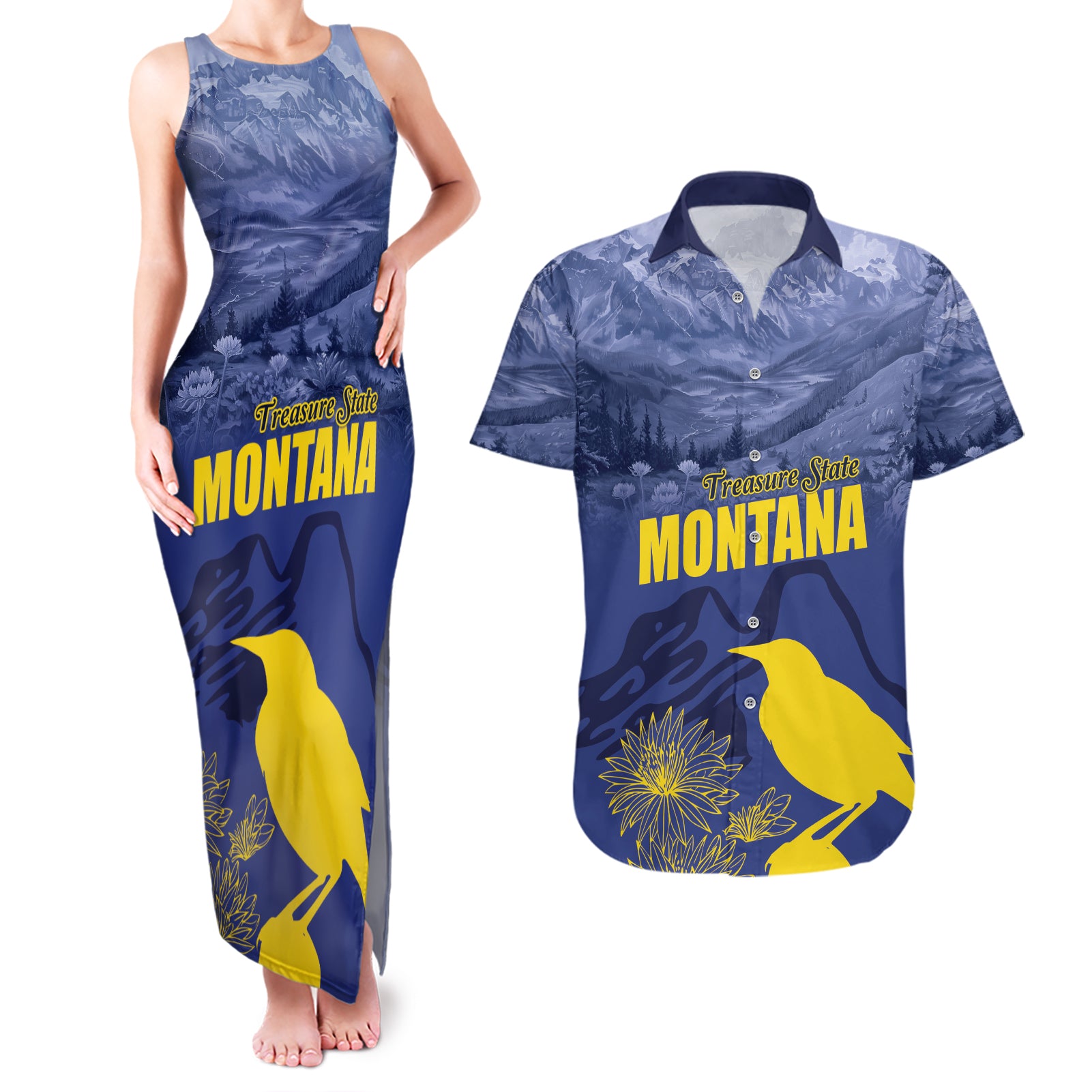 National Montana Day 2024 Couples Matching Tank Maxi Dress and Hawaiian Shirt The Treasure State - Wonder Print Shop