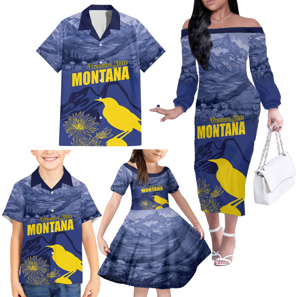 National Montana Day 2024 Family Matching Off The Shoulder Long Sleeve Dress and Hawaiian Shirt The Treasure State - Wonder Print Shop