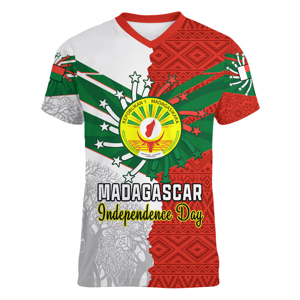 26 June Madagascar Independence Day Women V Neck T Shirt Baobab Mix African Pattern - Wonder Print Shop