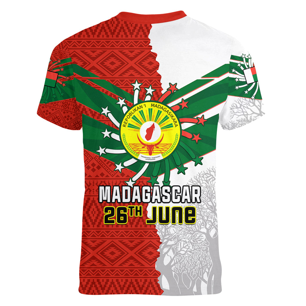 26 June Madagascar Independence Day Women V Neck T Shirt Baobab Mix African Pattern - Wonder Print Shop