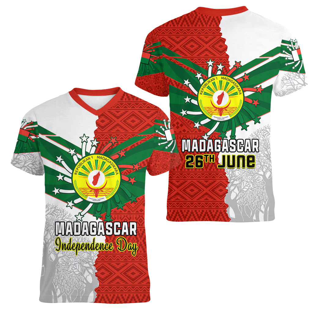 26 June Madagascar Independence Day Women V Neck T Shirt Baobab Mix African Pattern - Wonder Print Shop