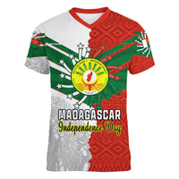 Personalised 26 June Madagascar Independence Day Women V Neck T Shirt Baobab Mix African Pattern - Wonder Print Shop