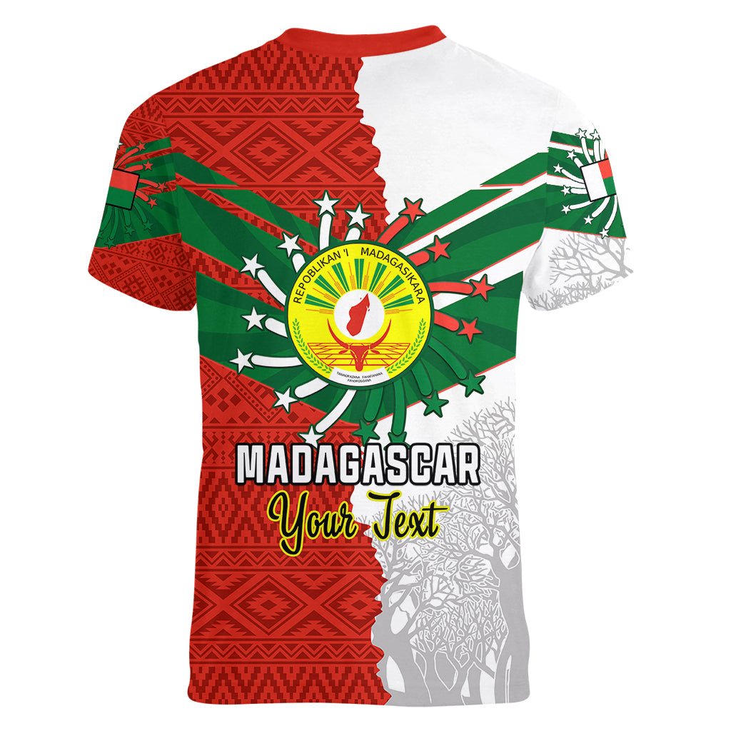 Personalised 26 June Madagascar Independence Day Women V Neck T Shirt Baobab Mix African Pattern - Wonder Print Shop