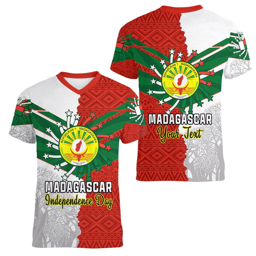 Personalised 26 June Madagascar Independence Day Women V Neck T Shirt Baobab Mix African Pattern - Wonder Print Shop