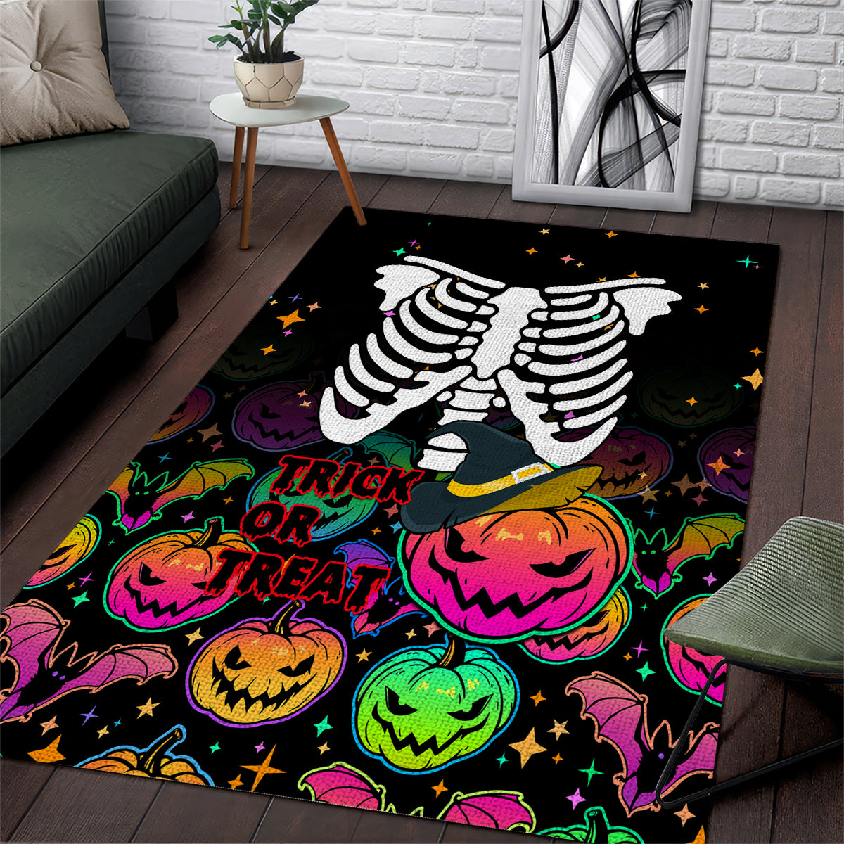 Halloween Skeleton Area Rug Trick or Treat Witch Pumpkin Colorful - Wonder Print Shop