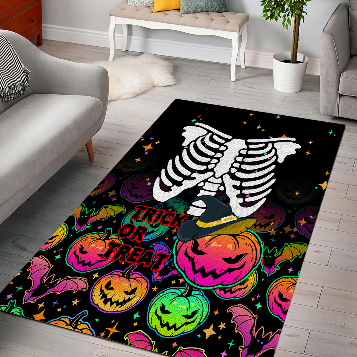 Halloween Skeleton Area Rug Trick or Treat Witch Pumpkin Colorful - Wonder Print Shop