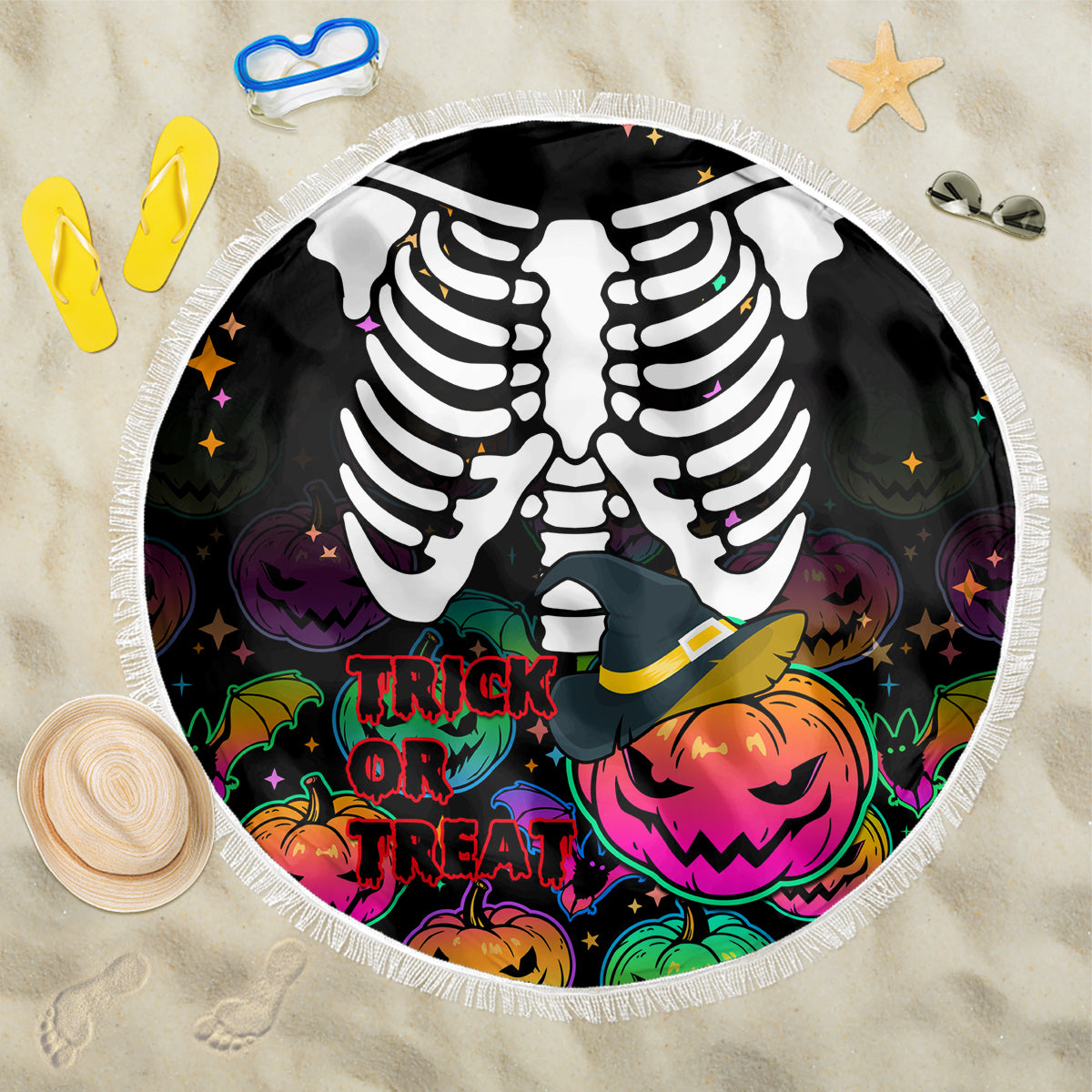 Halloween Skeleton Beach Blanket Trick or Treat Witch Pumpkin Colorful - Wonder Print Shop