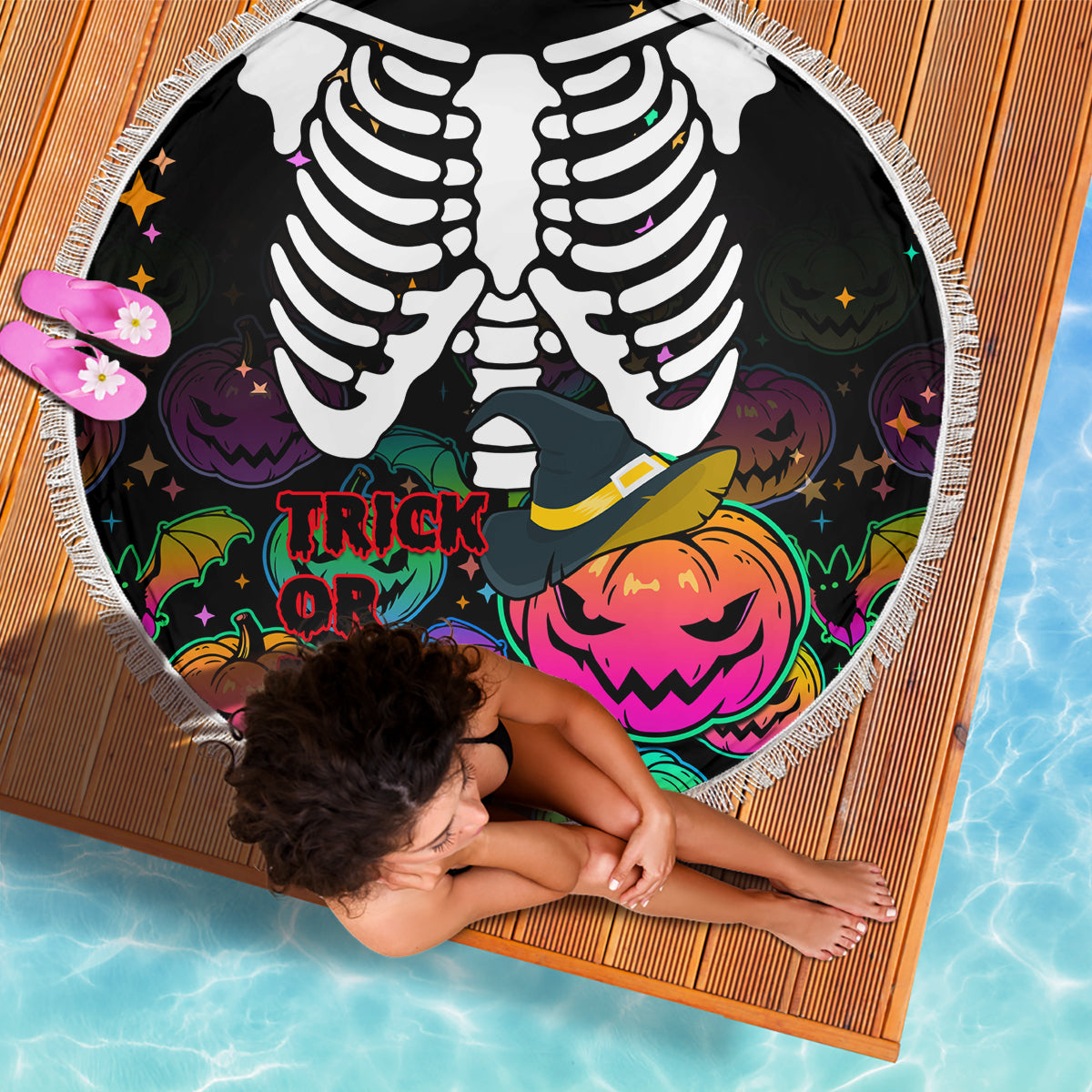 Halloween Skeleton Beach Blanket Trick or Treat Witch Pumpkin Colorful - Wonder Print Shop