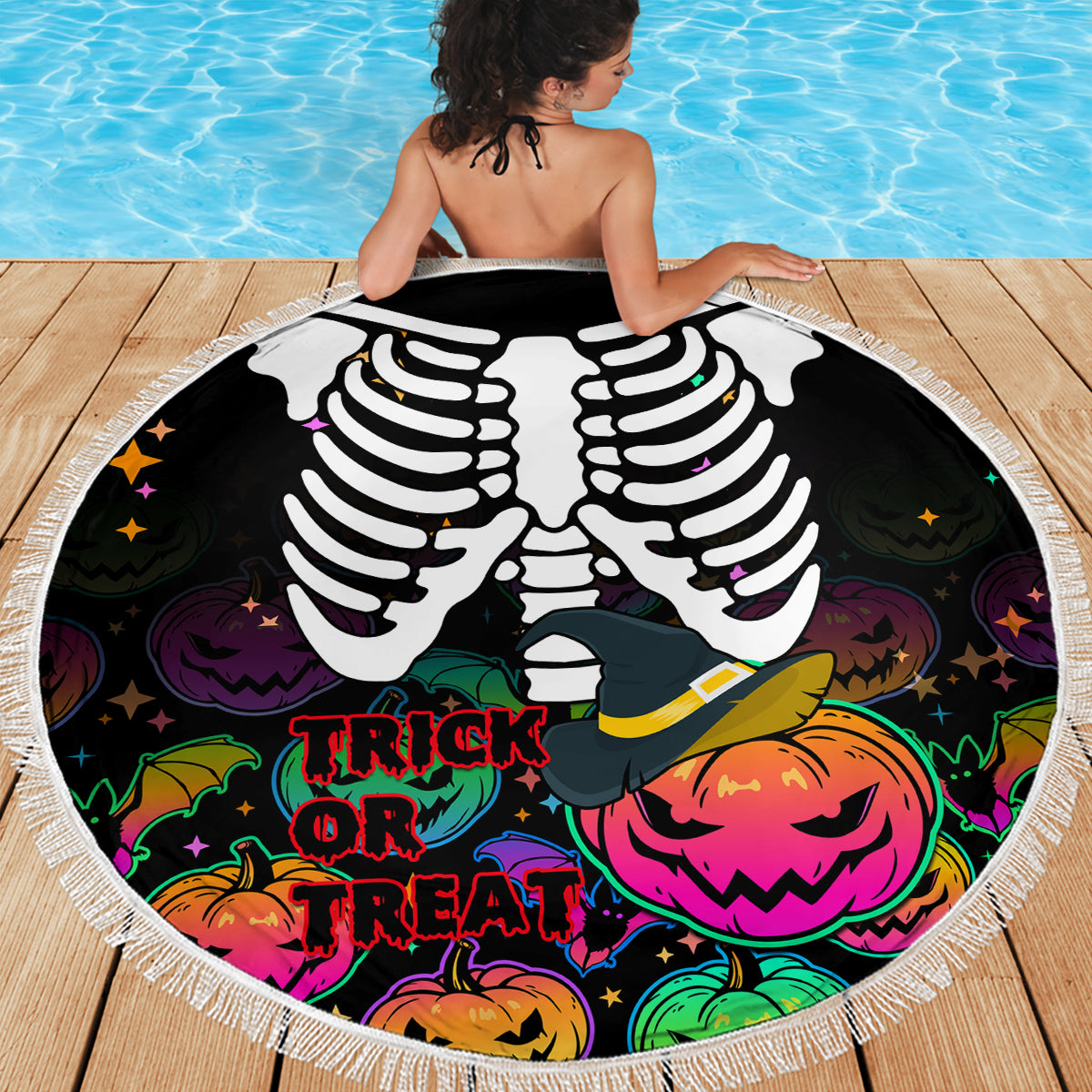 Halloween Skeleton Beach Blanket Trick or Treat Witch Pumpkin Colorful - Wonder Print Shop