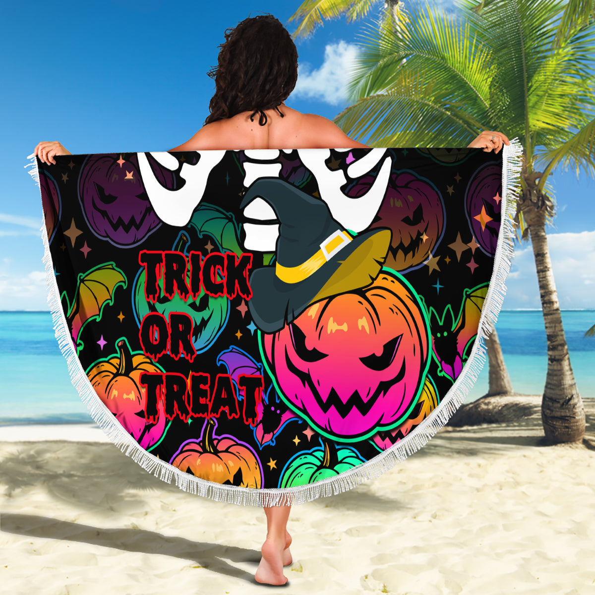 Halloween Skeleton Beach Blanket Trick or Treat Witch Pumpkin Colorful - Wonder Print Shop