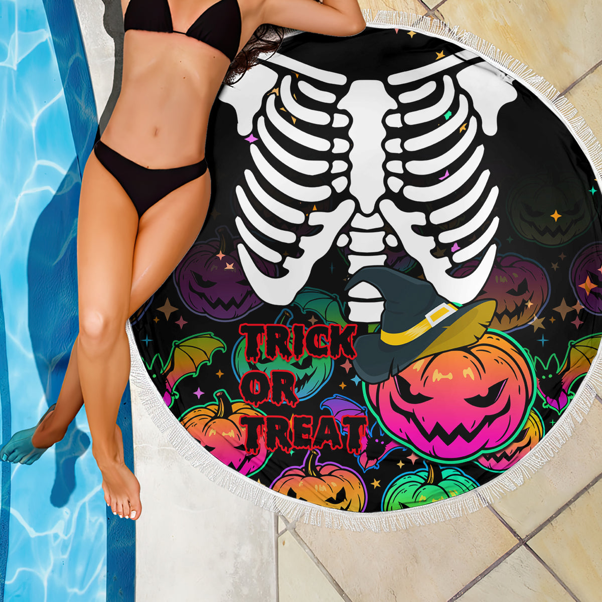 Halloween Skeleton Beach Blanket Trick or Treat Witch Pumpkin Colorful - Wonder Print Shop