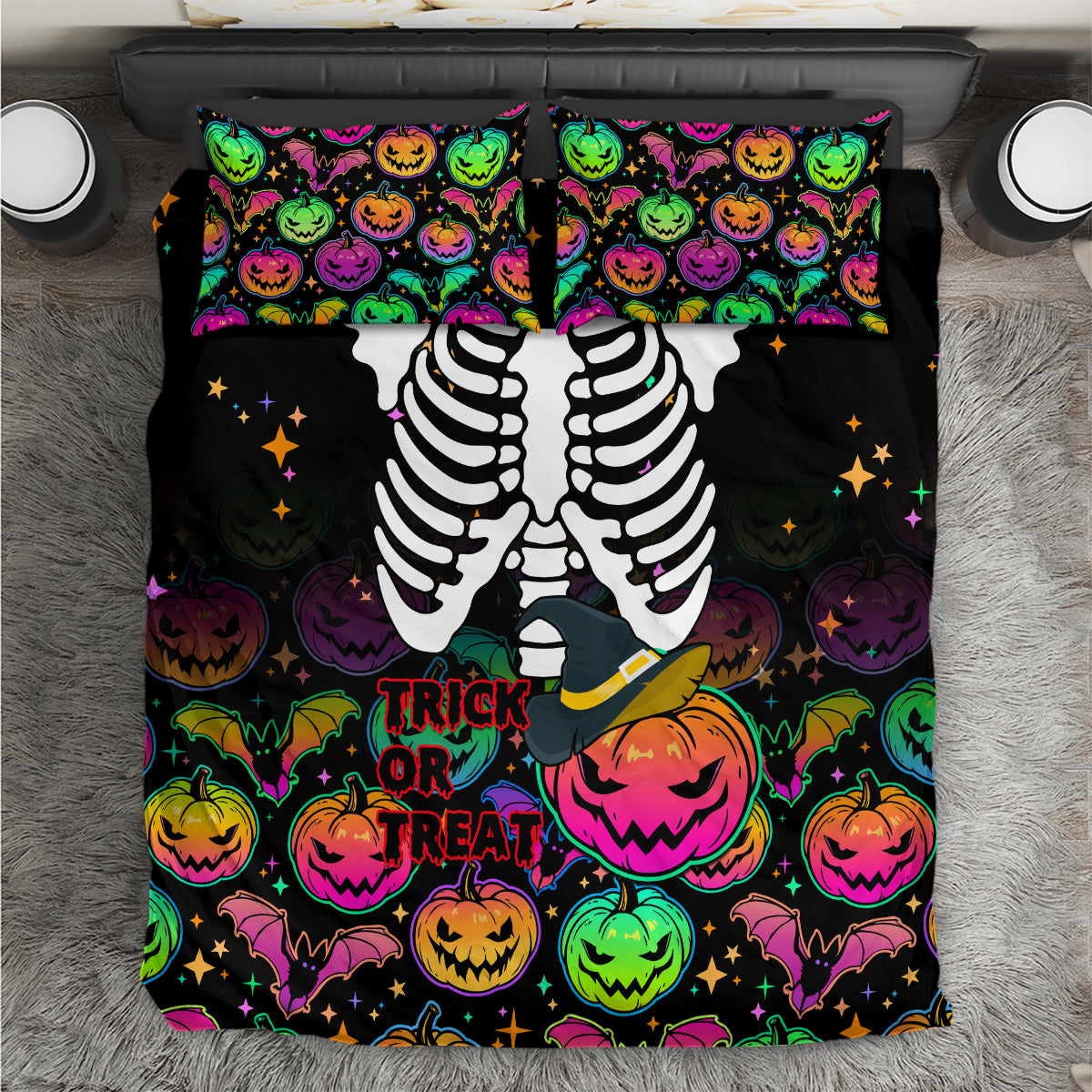Halloween Skeleton Bedding Set Trick or Treat Witch Pumpkin Colorful - Wonder Print Shop
