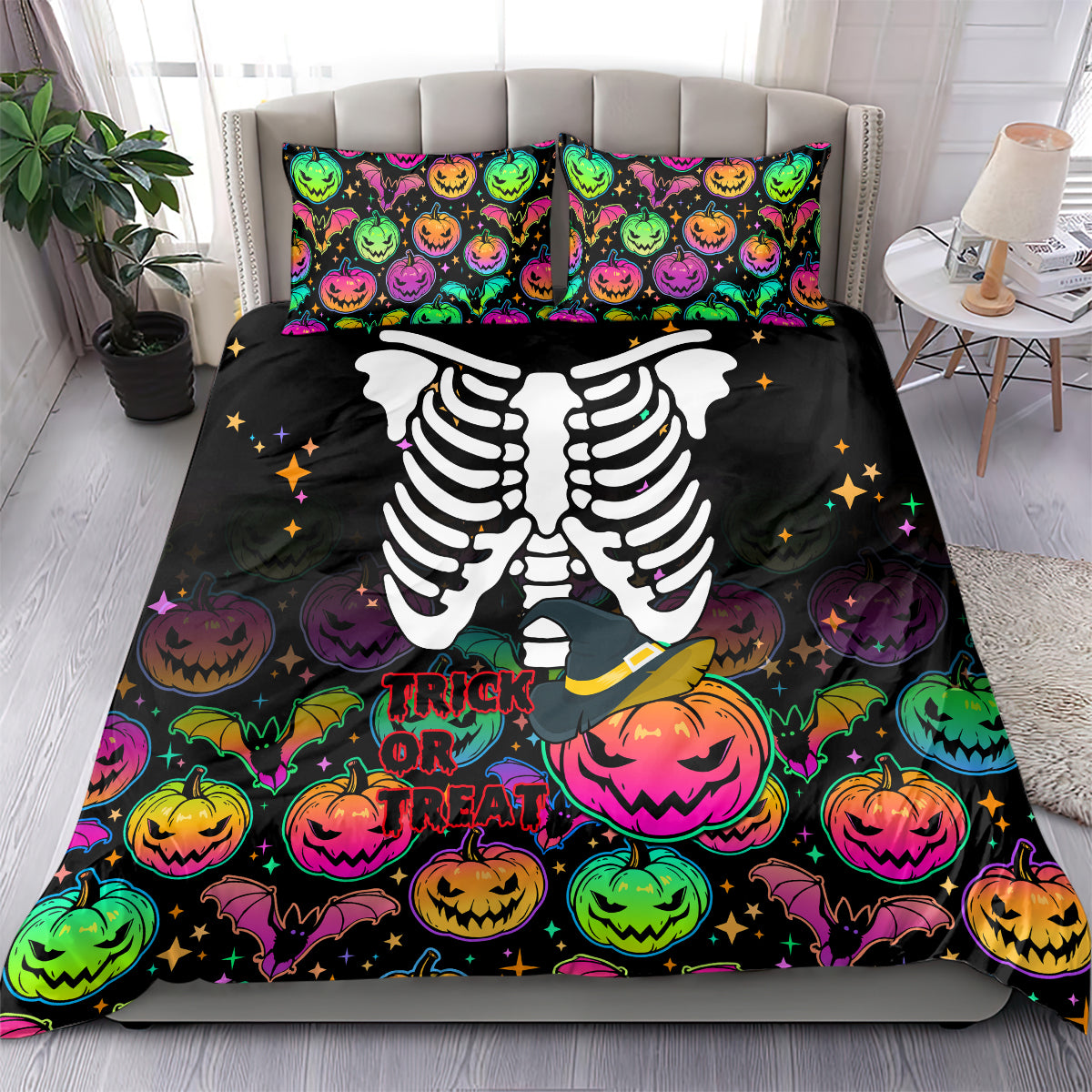 Halloween Skeleton Bedding Set Trick or Treat Witch Pumpkin Colorful - Wonder Print Shop