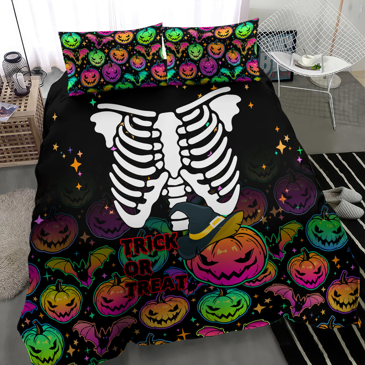 Halloween Skeleton Bedding Set Trick or Treat Witch Pumpkin Colorful - Wonder Print Shop