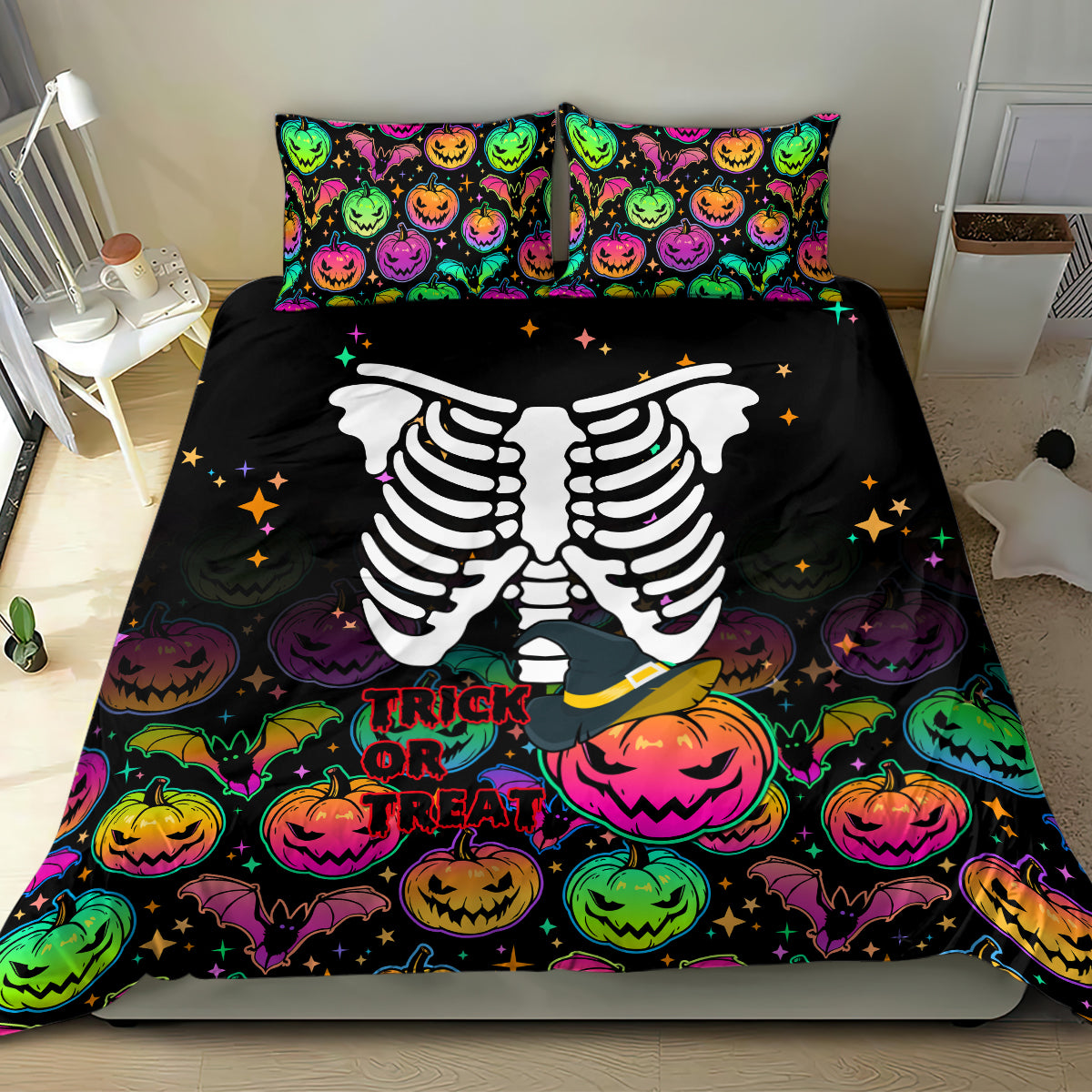 Halloween Skeleton Bedding Set Trick or Treat Witch Pumpkin Colorful - Wonder Print Shop