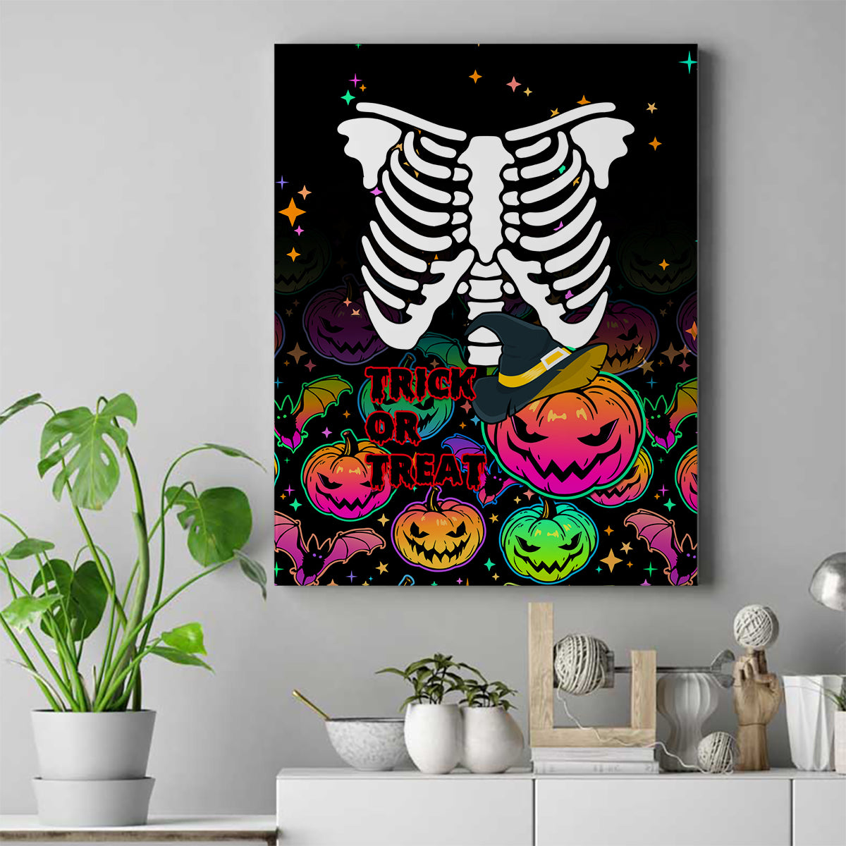 Halloween Skeleton Canvas Wall Art Trick or Treat Witch Pumpkin Colorful - Wonder Print Shop