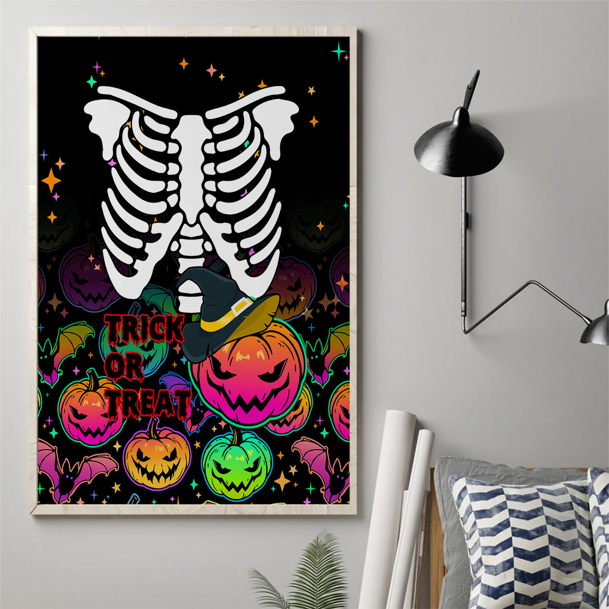 Halloween Skeleton Canvas Wall Art Trick or Treat Witch Pumpkin Colorful - Wonder Print Shop
