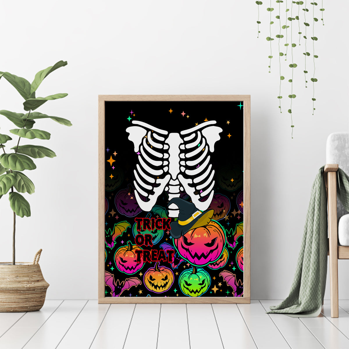 Halloween Skeleton Canvas Wall Art Trick or Treat Witch Pumpkin Colorful - Wonder Print Shop