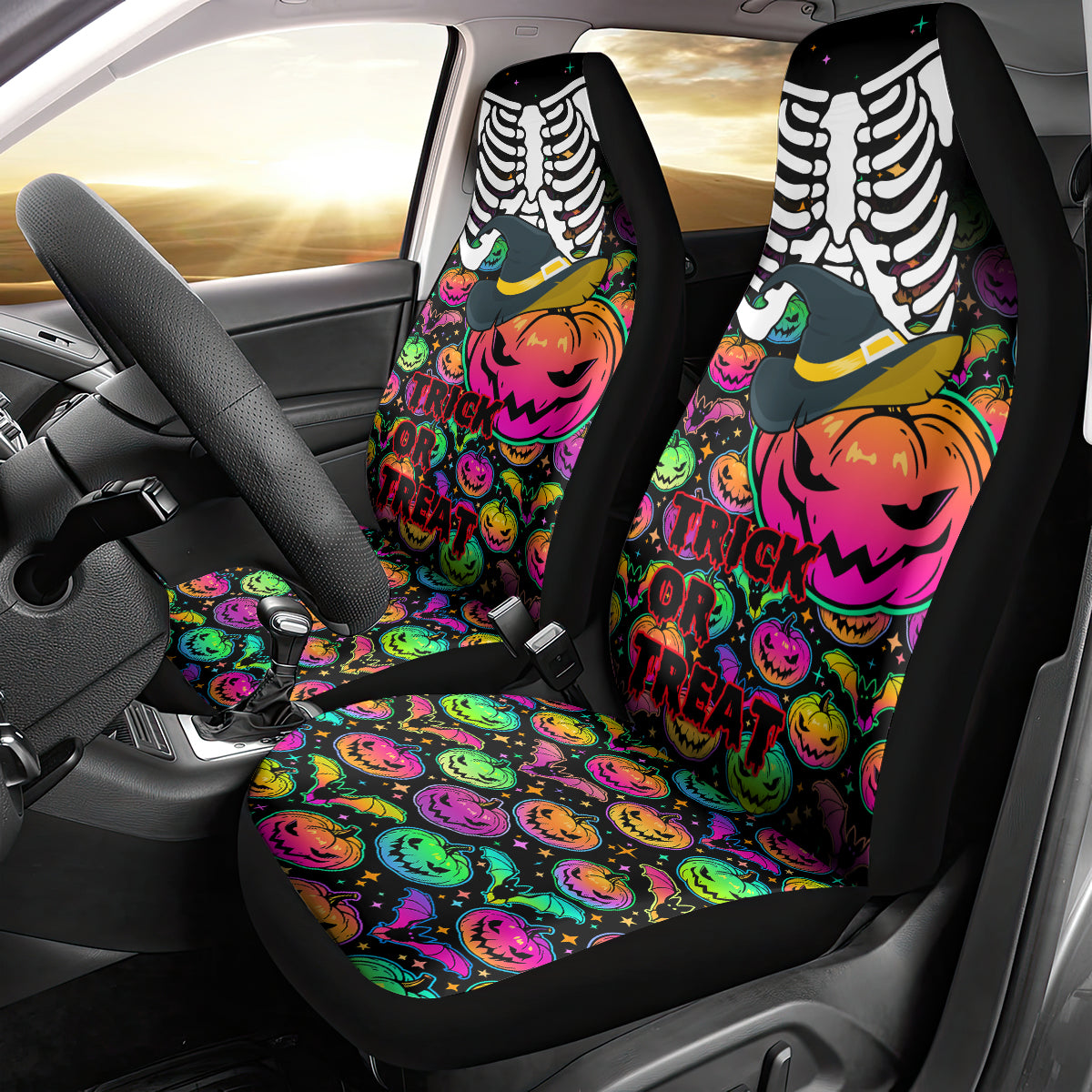 Halloween Skeleton Car Seat Cover Trick or Treat Witch Pumpkin Colorful - Wonder Print Shop