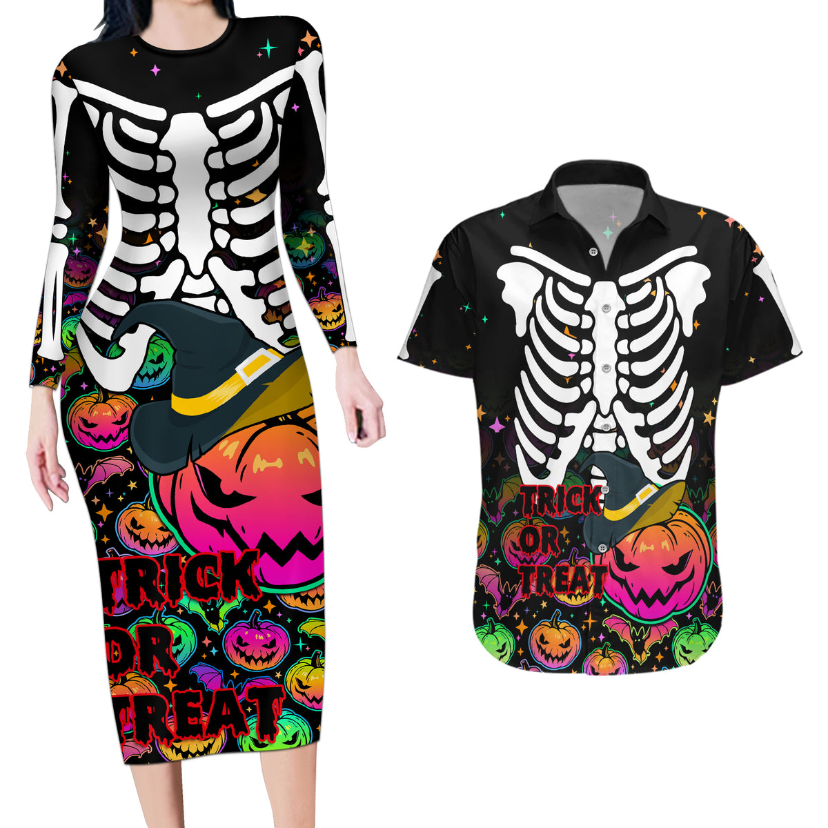 Halloween Skeleton Couples Matching Long Sleeve Bodycon Dress and Hawaiian Shirt Trick or Treat Witch Pumpkin Colorful - Wonder Print Shop