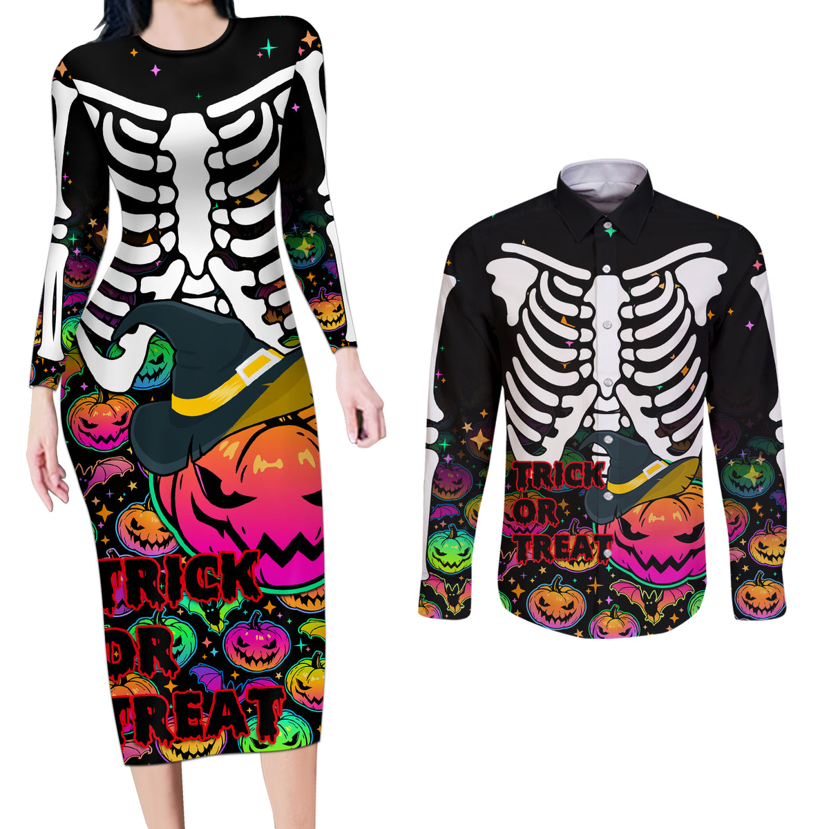 Halloween Skeleton Couples Matching Long Sleeve Bodycon Dress and Long Sleeve Button Shirts Trick or Treat Witch Pumpkin Colorful - Wonder Print Shop